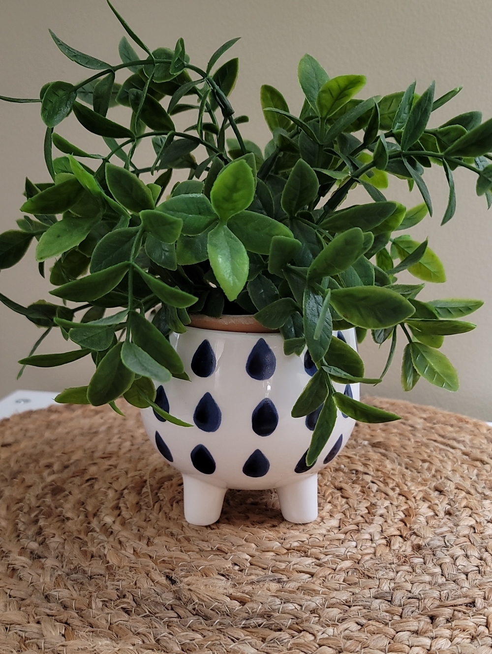 White Ceramic Footed Planter with Navy Teardrop Polka Dots